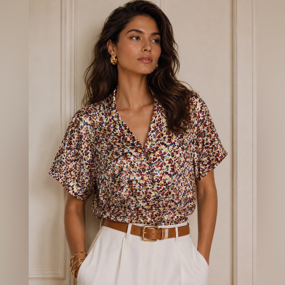 Oscar De La Renta 100% Silk Abstract Button Up Floral Blouse Shirt Top Medium